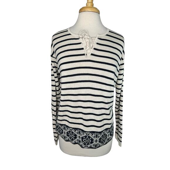 J.JILL Cream & Navy Blue Stripe Decorative Trim Knit Top Long Sleeve Size Small - Picture 1 of 10